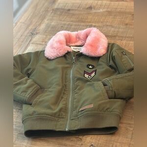 Buffalo Army Green Bomber Coat:Jacket w/Pink Fur Collar Patches Girl’s Sz~5 GUC